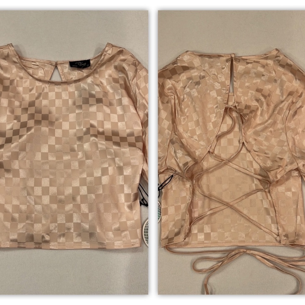 Milk & Honey Pink Peach Checkered Long Sleeve Lace Back Crop Top Large NEW